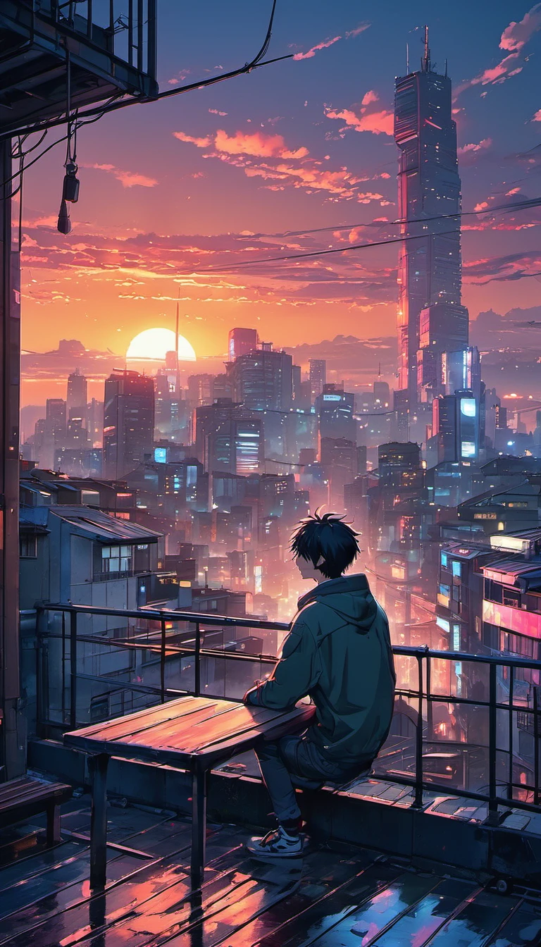 anime boy sitting on a balcony watching the sunset, watching the sun set. anime, lofi artstyle, anime background art, anime style cityscape, beautiful anime scene, lofi art, in style of makoto shinkai, 4 k manga wallpaper, makoto shinkai cyril rolando, hd anime cityscape, ilya kuvshinov landscape, 4k anime wallpaper