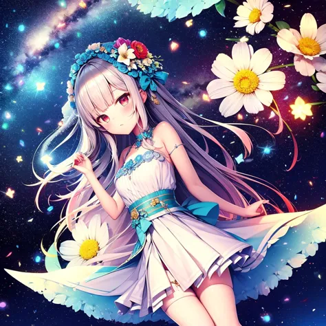 top quality, high target_solve, clearly_image, detailed background, girl, flower, flower园, starry sky,