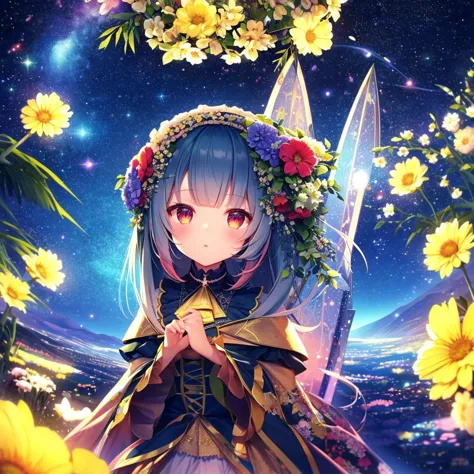 top quality, high target_solve, clearly_image, detailed background, girl, flower, flower园, starry sky,