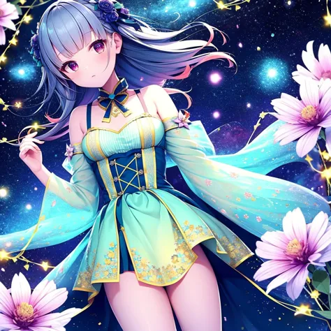 top quality, high target_solve, clearly_image, detailed background, girl, flower, flower园, starry sky,