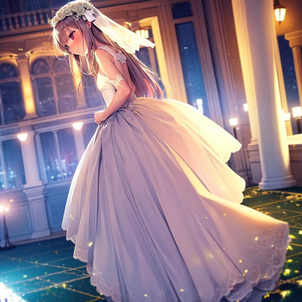 (best quality, HD, masterpiece:1.2,), illustration, night, 1 Girl, whole body, (Wedding dress), Arms behind your back, Waiting for a kiss, Looking at the audience, Happy, blush,