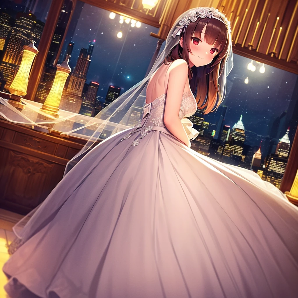 (best quality, HD, masterpiece:1.2,), illustration, night, 1 Girl, whole body, (Wedding dress), Arms behind your back, Waiting for a kiss, Looking at the audience, Happy, blush,