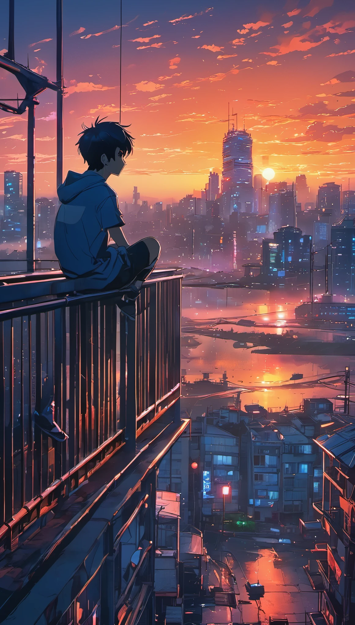 anime boy sitting on a balcony watching the sunset, watching the sun set. anime, lofi artstyle, anime background art, anime style cityscape, beautiful anime scene, lofi art, in style of makoto shinkai, 4 k manga wallpaper, makoto shinkai cyril rolando, hd anime cityscape, ilya kuvshinov landscape, 4k anime wallpaper