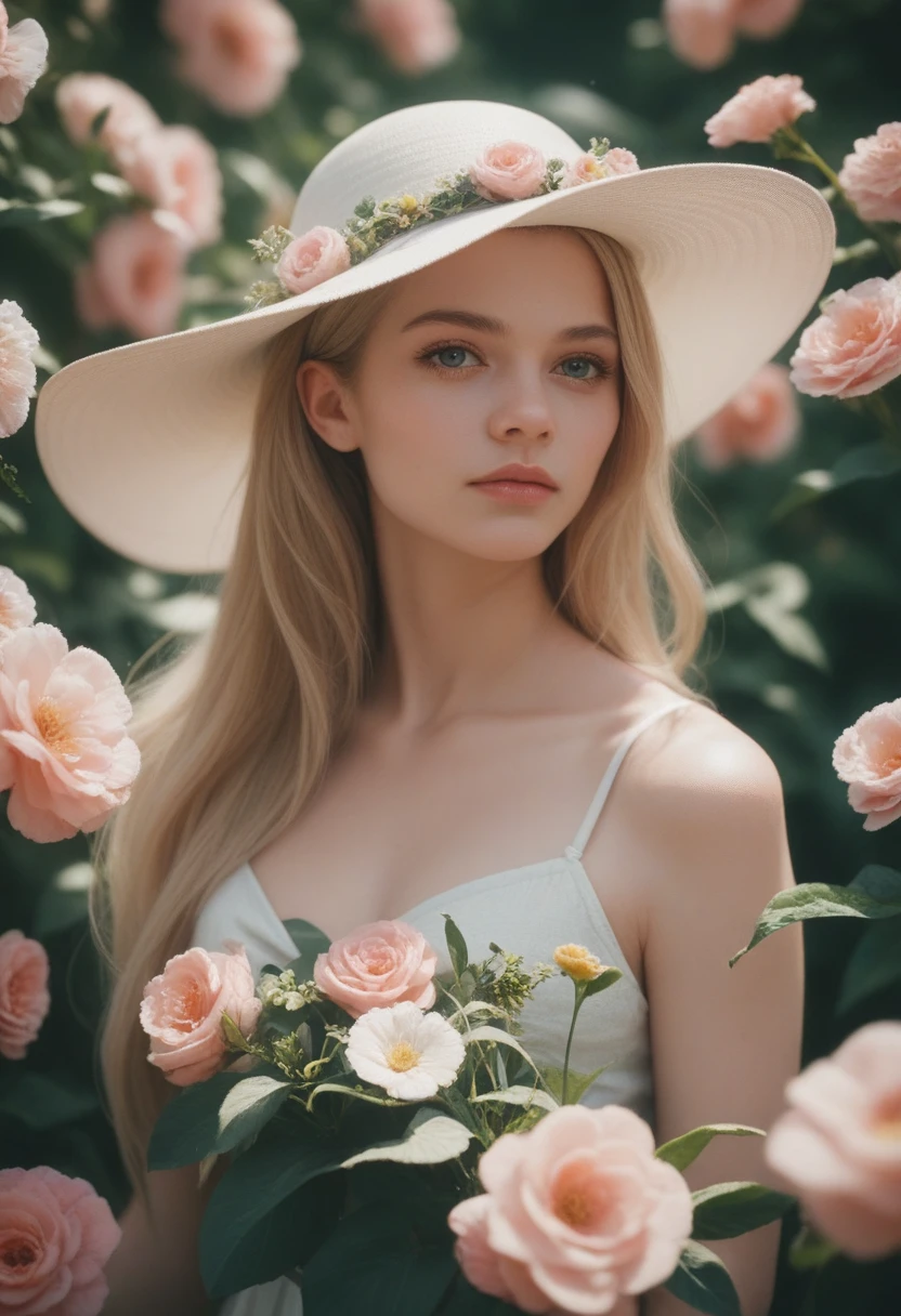 Fraction_9, Fraction_8_up, Fraction_7_up, Fraction_6_up,Medium Format Portrait Photography, Beautiful IG_Model, Flowers as hats, author：J Flynn, cleveage, hand, Eye, Posing for the camera, Tempting, artistic, full of imagination, upvoted, Aesthetic,