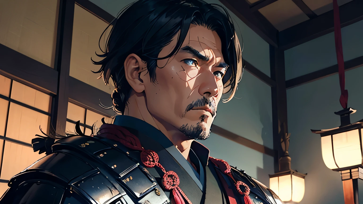 ５０age、navy、Māori dollars、Wearing intricately designed traditional samurai armor、
Famous people in Japanese history、He has a stern look、Has an intimidating presence