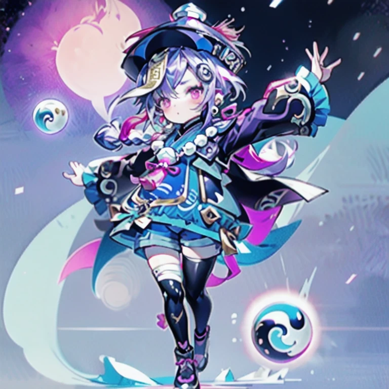 masterpiece, best quality, 10 years old, 1girl, qiqi (genshin impact), solo, thighhighs, hat, purple hair, white thighhighs, hair ornament, braid, qing guanmao, long sleeves, purple eyes, long hair, jewelry, parted lips, wide sleeves, ofuda, purple headwear, bangs, looking at viewer, outstretched arms, standing on one leg, beads, blush, shorts, dress, bead necklace, jiangshi, yin yang, single braid, black footwear, orb, necklace, blue dress, coin hair ornament, hair between eyes, very long hair, purple jacket, standing, snowflakes, shoes, cropped jacket, jacket, :o, sleeves past wrists, braided ponytail, vision (genshin impact), short shorts, bandaged leg, earrings, blue shorts, bandages, leg up, chinese clothes, yin yang orb,