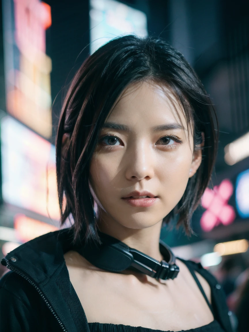 Striped Hair, Gradient Hair, Chiaroscuro, Depth of written boundary, Cinema Lighting, Film Grain, Fujicolor, Ultra-high resolution, Super Detail, Accurate, masterpiece, Awards, Highest quality, Anatomically correct, Real Stick, Short Hairstyles, Detailed face、Time Square、Detailed Background、Cyberpunk Shadow、Dramatic lighting、
