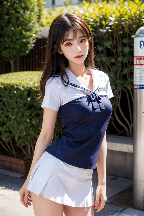 (Ultra HD), (Sailor suit:1.4, White short sleeve shirt, Navy blue mini skirt), Big Breasts, slender, whole body, Standing posture, (Clean and shiny skin, Whitening, No makeup), (Super slim face, Super beautiful face), (Light Brown Hair, Layered Cut, Fluffy hair), (double eyelid, Slanted Eyes), Small Nose, Thin lips, Thin legs, school gate
