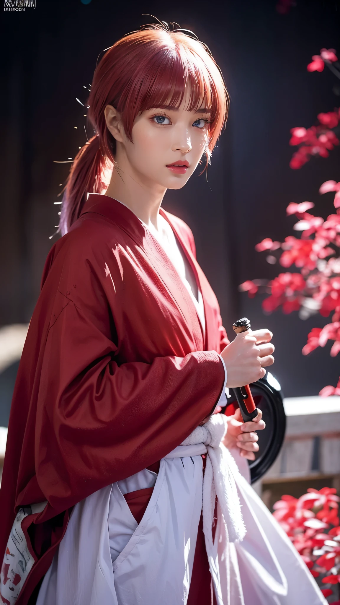 "Rurouni Kenshin",
Moment of enthusiasm, Bold,
Capturing the essence of her fiery determination and indomitable spirit,She explodes in rage,Strongly conveys the raw power of Kenshin's rage,Emphasis on the intensity of the scene,The woman is in a determined stance,
Action with a straight sword in hand,
Long hair, Ponytail, ((pink hair color)),((red eyes)),Bright red lipstick,
Katana,Holding a sword in hand,
Cross sign on left cheek,
High quality, Realistic,
20-year-old female,
She wears a red kimono with an intricate pattern,Paired with a white hakama,
The lighting is realistic, (Masterpiece+Top quality+High resolution+Very detailed), (Full body:1.2),Symmetrical,One cut,