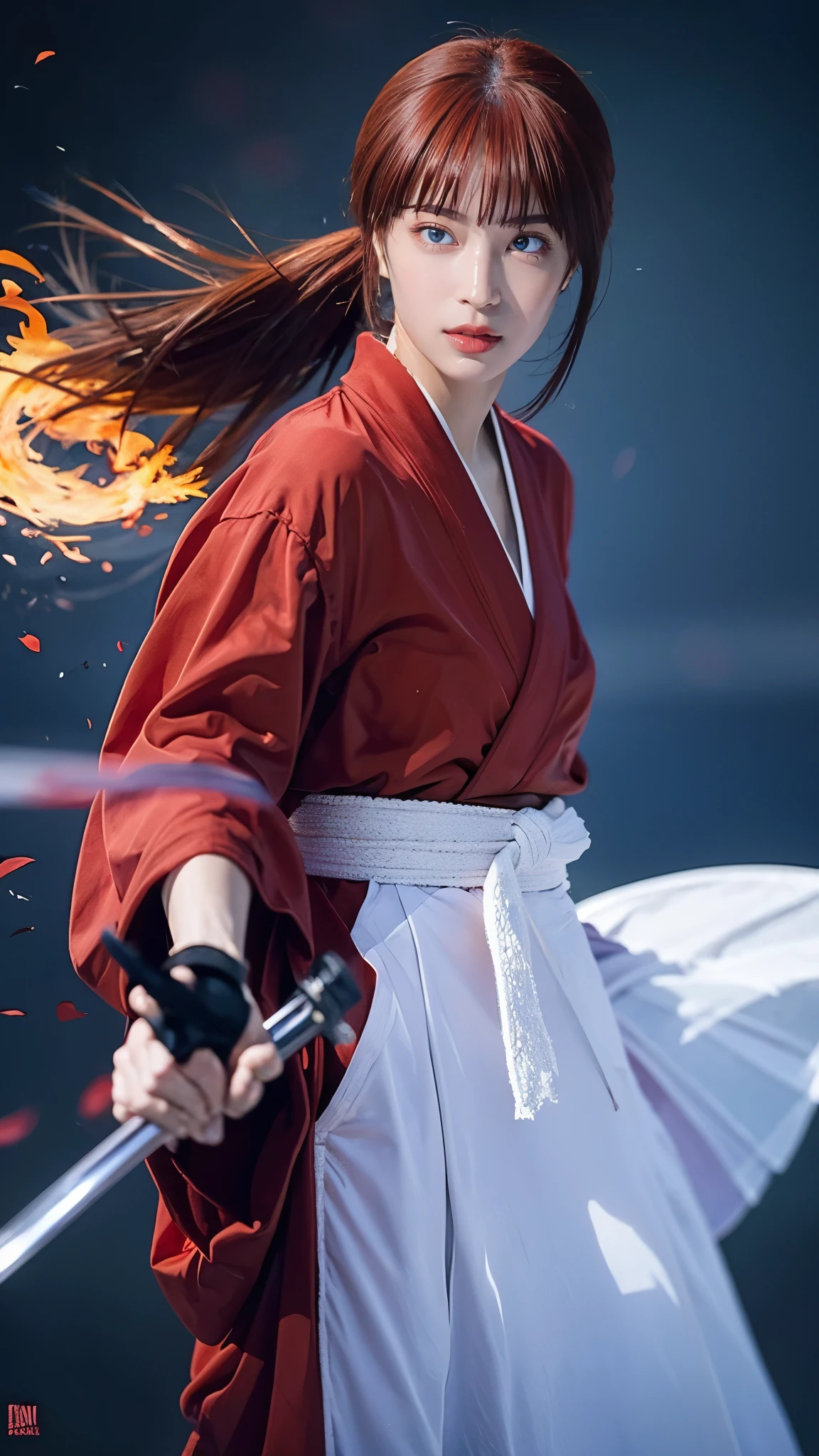 "Rurouni Kenshin",
Moment of enthusiasm, Bold,
Capturing the essence of her fiery determination and indomitable spirit, She explodes in rage, Strongly conveys the raw power of Kenshin's rage, Emphasizing the intensity of the scene, The woman is in a determined stance,
Action with a straight sword in hand,
Long hair, Ponytail, Pink hair, ((Red eyes)), Bright red lipstick,
Katana, Holding a sword in hand,
Cross sign on left cheek,
High quality, Realistic,
20-year-old female,
She wears a red kimono with an intricate pattern, Combined with a white hakama,
The lighting is realistic, (Masterpiece+Top quality+High resolution+Very detailed), (Full body:1.2),Symmetrical, One cut,