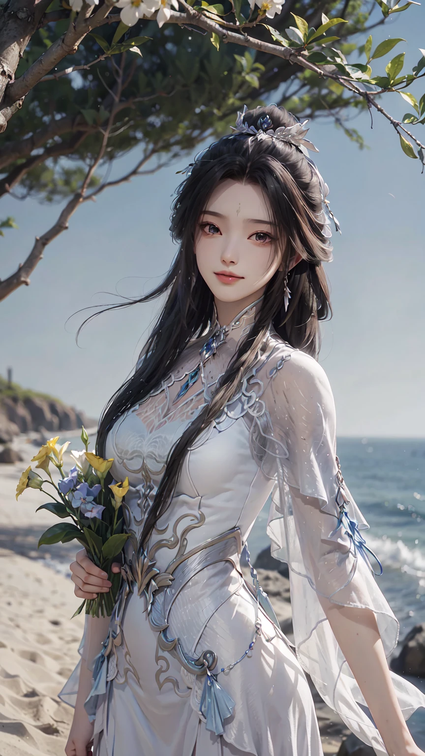 beautiful young woman, White dresses and dresses, in the beautiful beach, My hair is long and neat., flirtatious, Smiling softly, holding flowers, Ultra HD, realistic, Bright colors, Highly detailed, UHD Drawing, perfect composition, Complex with beautiful details 