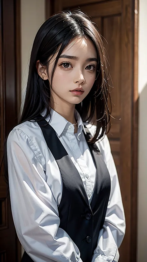 30 years old morden narrow jaw small nose thick eyebrows straight long black hair european girl in suit