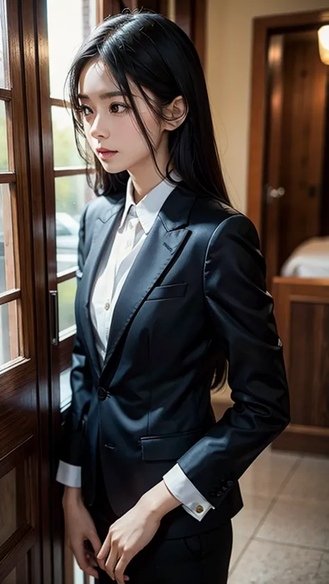 30 years old morden narrow jaw small nose thick eyebrows straight long black hair european girl in suit