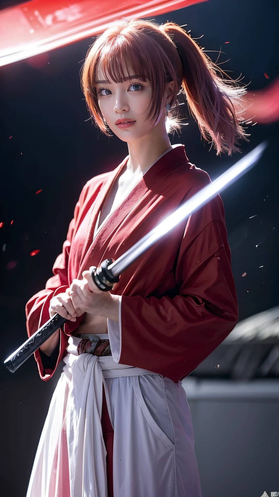 "Rurouni Kenshin",
Moment of enthusiasm, Bold,
Capturing the essence of her fiery determination and indomitable spirit,She explodes in rage,Strongly conveys the raw power of Kenshin's rage,Emphasis on the intensity of the scene,The woman is in a determined stance,
Action with a straight sword in hand,
Long hair, Ponytail, ((pink hair color)),(Red eyes:1.3),Bright red lipstick,
Katana,Holding a sword in hand,
Cross sign on left cheek,
High quality, Realistic,
20-year-old female,
She wears a red kimono with an intricate pattern,Paired with a white hakama,
The lighting is realistic, (Masterpiece+Top quality+High resolution+Very detailed), (Full body:1.2),Symmetrical,One cut,