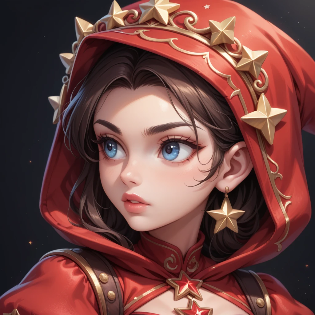 ((extreme detail)),(ultra-detailed), extremely detailed CG unity 8k wallpaper, velvet, figurine, red hood, crop top, star headdress, puffy sleeves, lips, looking away, close-up, head turn, black background