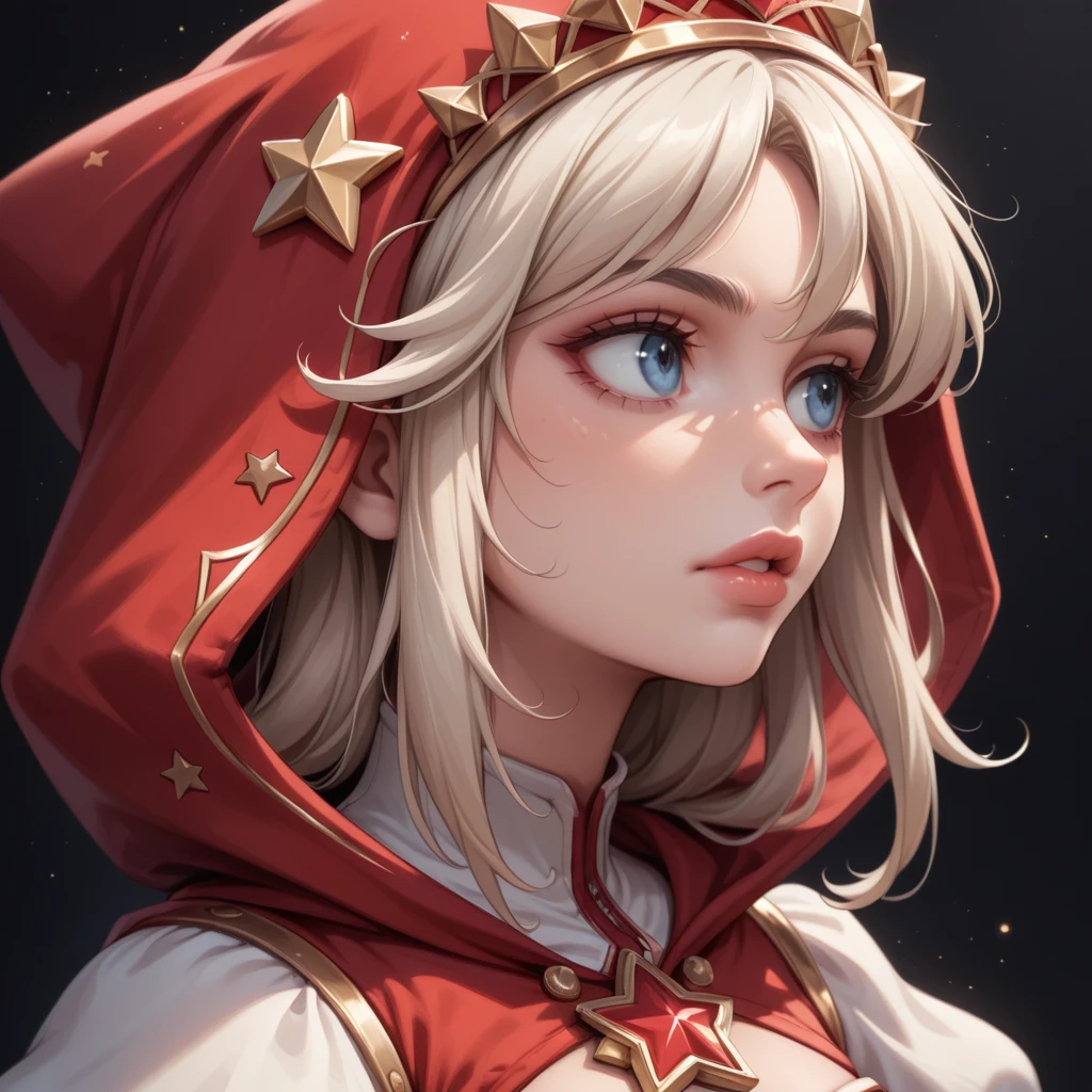 ((extreme detail)),(ultra-detailed), extremely detailed CG unity 8k wallpaper, velvet, figurine, red hood, crop top, star headdress, puffy sleeves, lips, looking away, close-up, head turn, black background