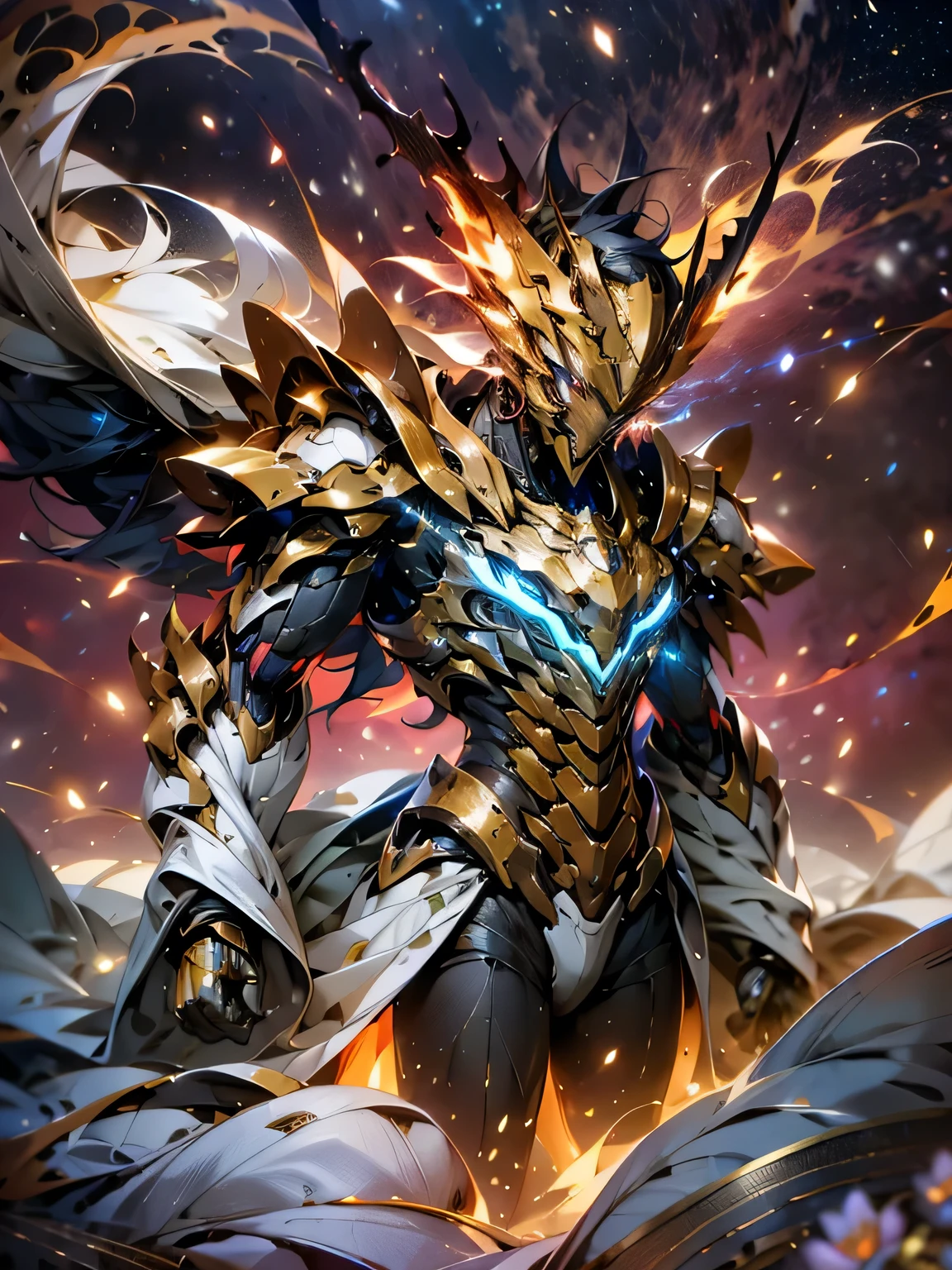 （8k，tmasterpiece，best qualtiy），Ultra-high resolution，（realisticlying：1.4），Flame Dragon Armor，Colored scaleecha covers the whole body，Machinary，Shining starry sky，Cloud，A detailed，ultra - detailed，sci-fy，Extremely fine，Golden runes，Particle effect，Focus，East Asian type，Golden antleragical Circle：1.2），stare into the distance