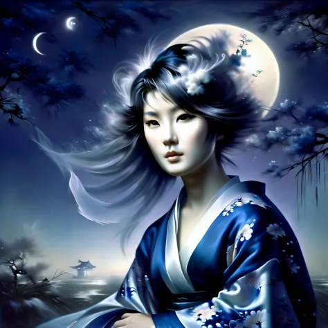 Ghost in the Moonlight，Unhappy young woman in kimono、Airbrush Style, Beautiful details