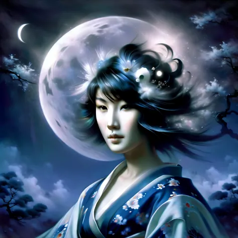 ghost in the moonlight，unhappy young woman in kimono、airbrush style, beautiful details