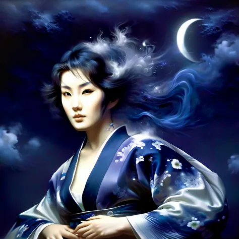 Ghost in the Moonlight，Unhappy young woman in kimono、Airbrush Style, Beautiful details、The lower half of the body becomes smoky