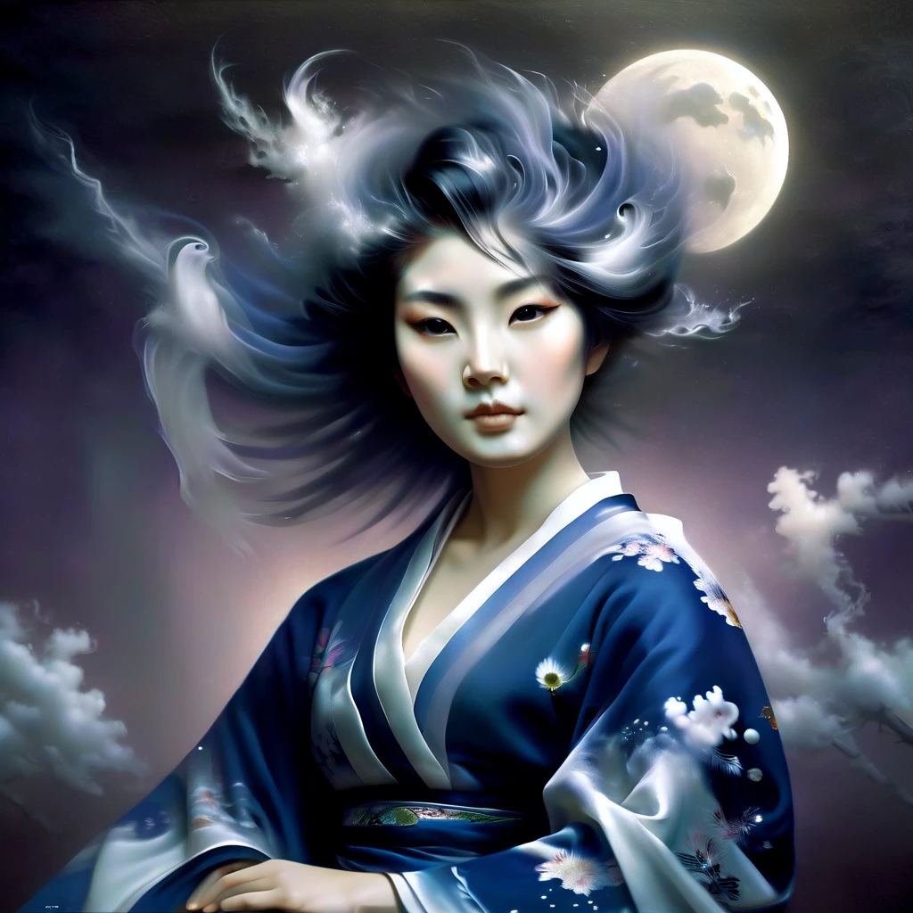 Fantasma en la luz de la luna，Joven mujer infeliz en kimono、Estilo de aerógrafo, Hermosos detalles、La mitad inferior del cuerpo se vuelve humeante