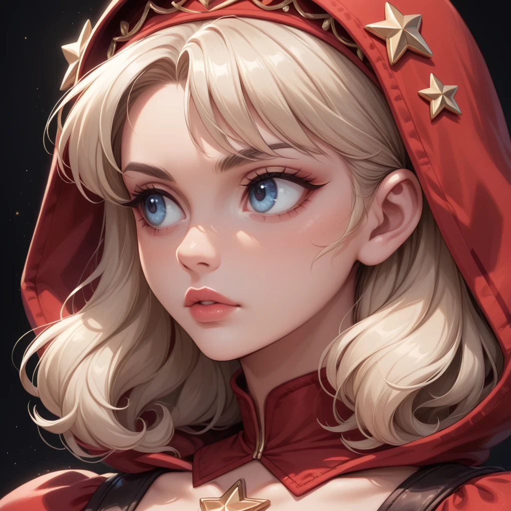 ((extreme detail)),(ultra-detailed), extremely detailed CG unity 8k wallpaper, velvet, figurine, red hood, crop top, star headdress, puffy sleeves, lips, looking away, close-up, head turn, black background