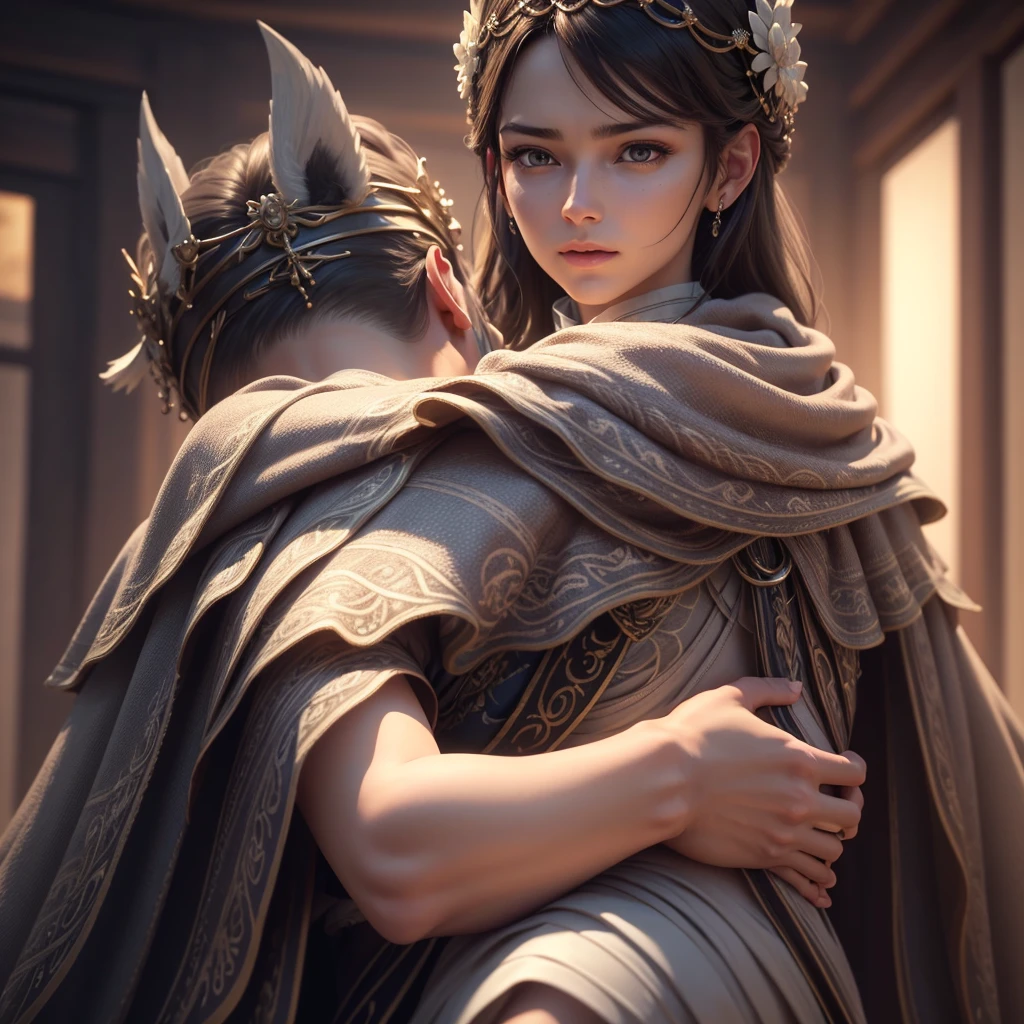 A man holding a woman in back, realistic detailed UHD 4k photography extreme quality, Cg unity 8k, super delicate, background blur, full depth of field, HDR high dynamics, real restoration, intricate and extreme details, perfectly presenting the style of midjourney art.  realistic, elegant, goddess, surrealism, high detail, supremacy, cinematic lighting, ray tracing, shadow, uhd, retina, masterpiece, ccurate, anatomically correct, textured skin, super detail, high detail, high quality, high quality, award-winning, best quality, high resolution, 1080P, 16k, 8k, 4K, HD