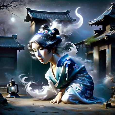 Ghost in the Moonlight，Unhappy young woman in kimono、Airbrush Style, Beautiful details、The lower half of the body becomes smoky、...