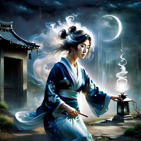 ghost in the moonlight，unhappy young woman in kimono、airbrush style, beautiful details、the lower half of the body becomes smoky、...