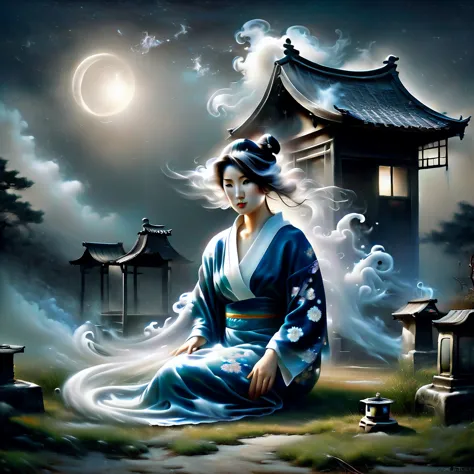 Ghost in the Moonlight，Unhappy young woman in kimono、Airbrush Style, Beautiful details、The lower half of the body becomes smoky、...