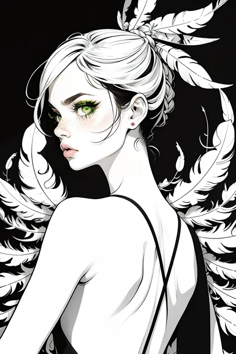 partially colored, lineart-stil, (​masterpiece, best quality:1.2), (simple backround:1.5), 1 girl, (black and white feathers, sy...