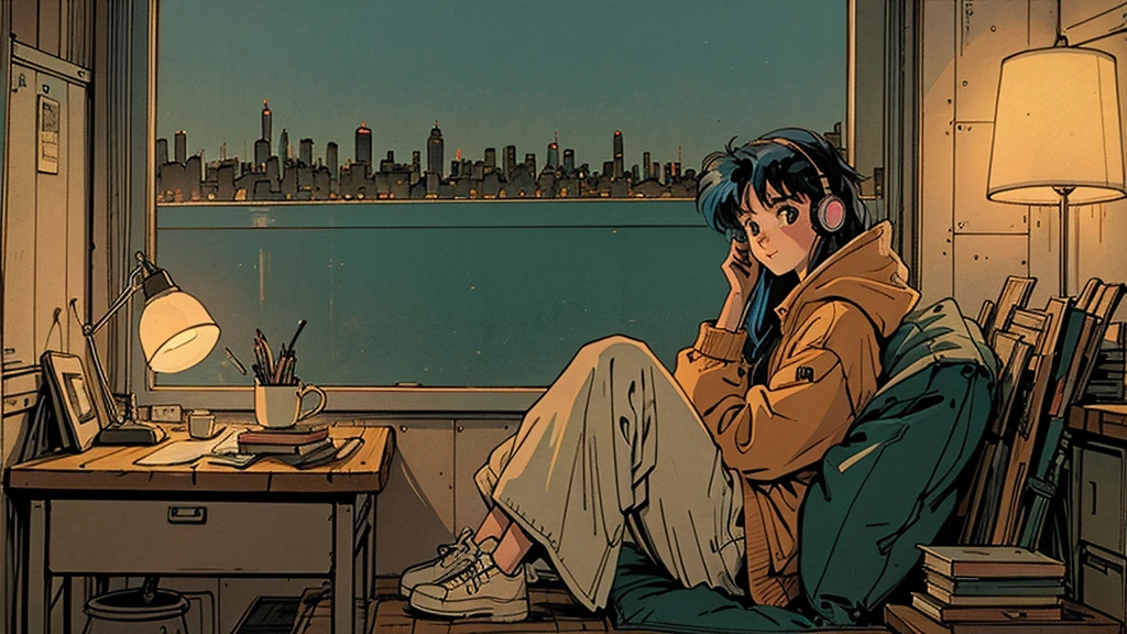 80s anime style: Wide shot of cute 21-year-old girl with long blue hair in dimly lit bedroom at night. Sitting at desk with books, wearing headphones and loose parka. Coffee, relax. Kind face looking at viewer. Full body visible in relaxed pose. Room lit by desk lamp. Large window shows vibrant Tokyo night cityscape with neon lights. High-quality illustration emphasizing contrast between dark room and bright city lights.