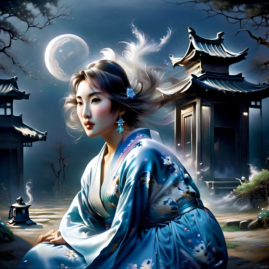 Fantasma en la luz de la luna，Una mujer joven y hermosa con un kimono、Estilo de aerógrafo, Hermosos detalles、La mitad inferior del cuerpo se vuelve humeante、Cerca del pozo viejo、una casa en ruinas