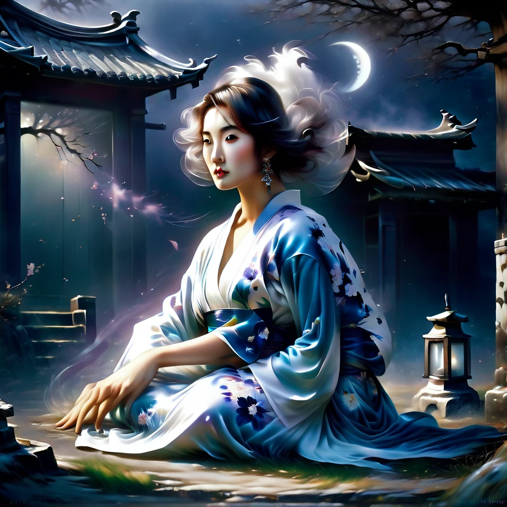 Ghost in the Moonlight，A young beautiful woman in a kimono、Airbrush Style, Beautiful details、The lower half of the body becomes smoky、Near the old well、A rundown house