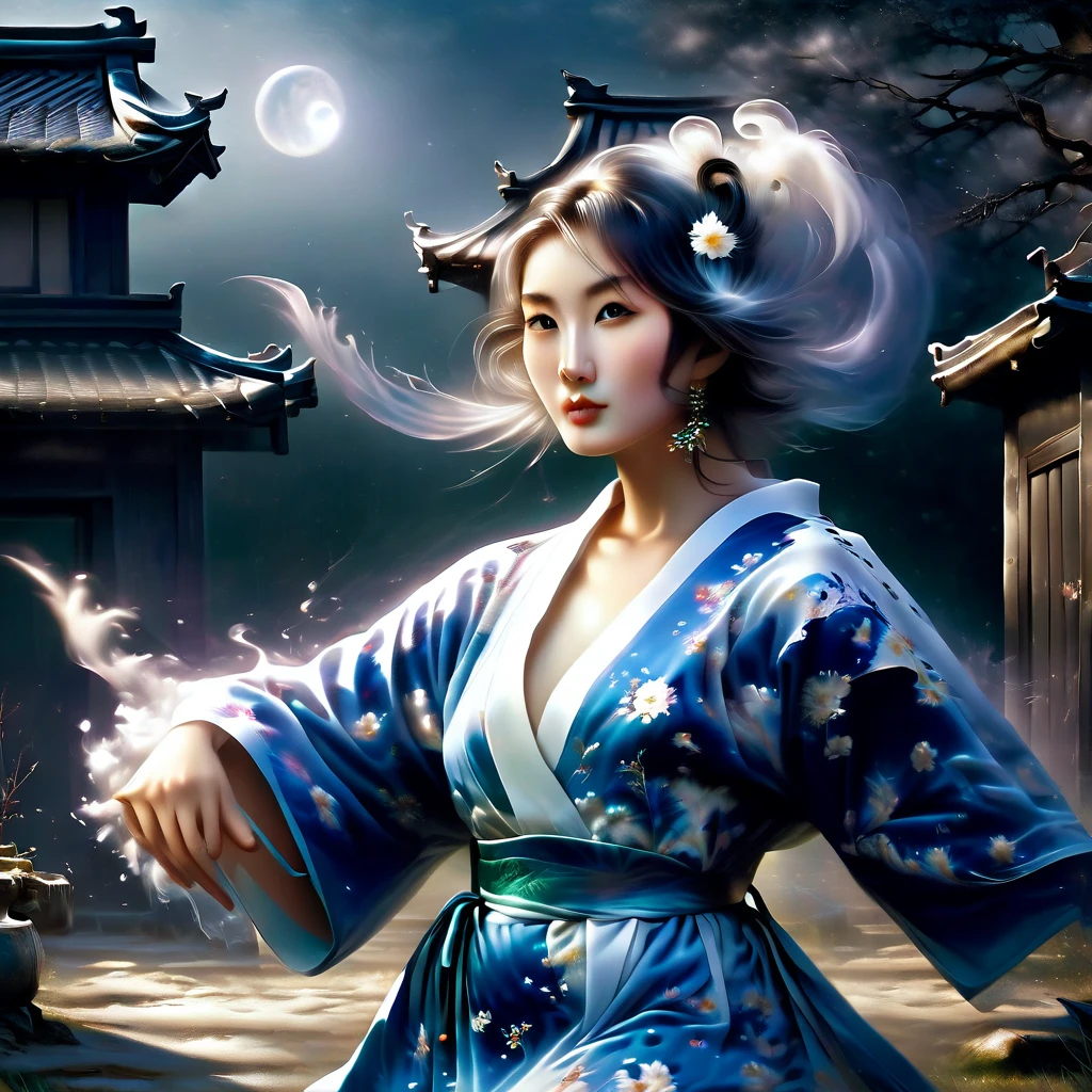 Ghost in the Moonlight，A young beautiful woman in a kimono、Airbrush Style, Beautiful details、The lower half of the body becomes smoky、Near the old well、A rundown house