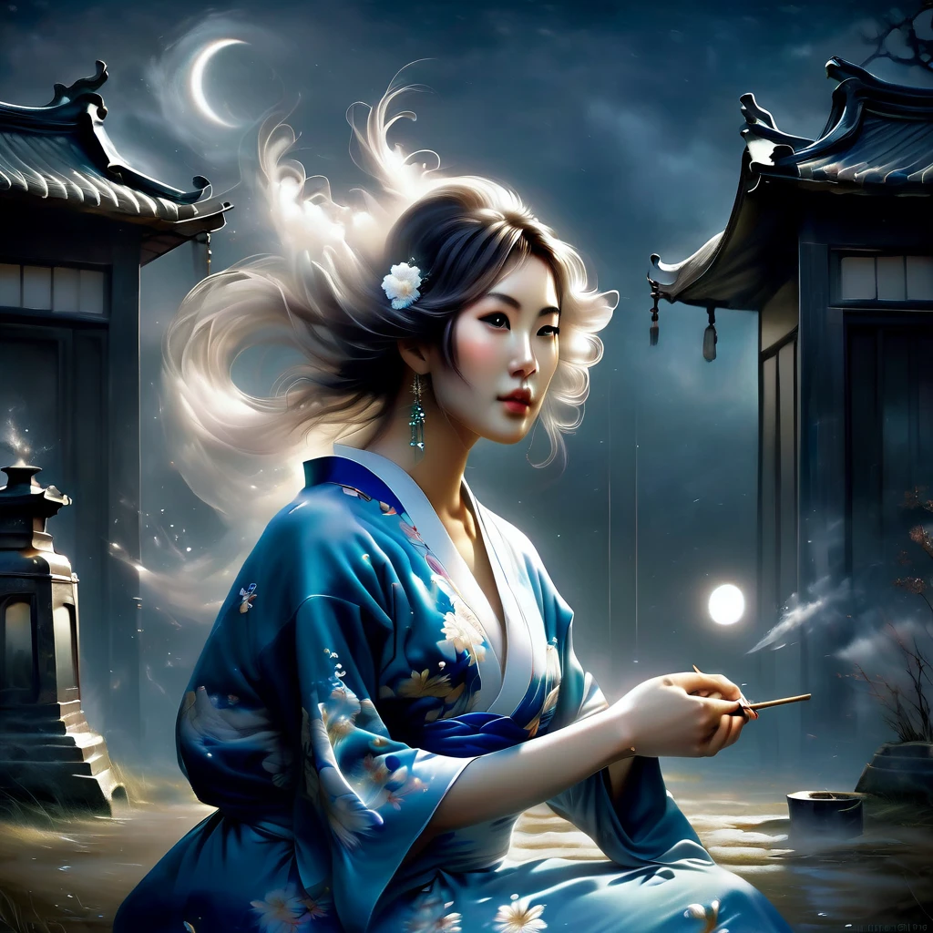 Fantasma en la luz de la luna，Una mujer joven y hermosa con un kimono、Estilo de aerógrafo, Hermosos detalles、La mitad inferior del cuerpo se vuelve humeante、Cerca del pozo viejo、una casa en ruinas