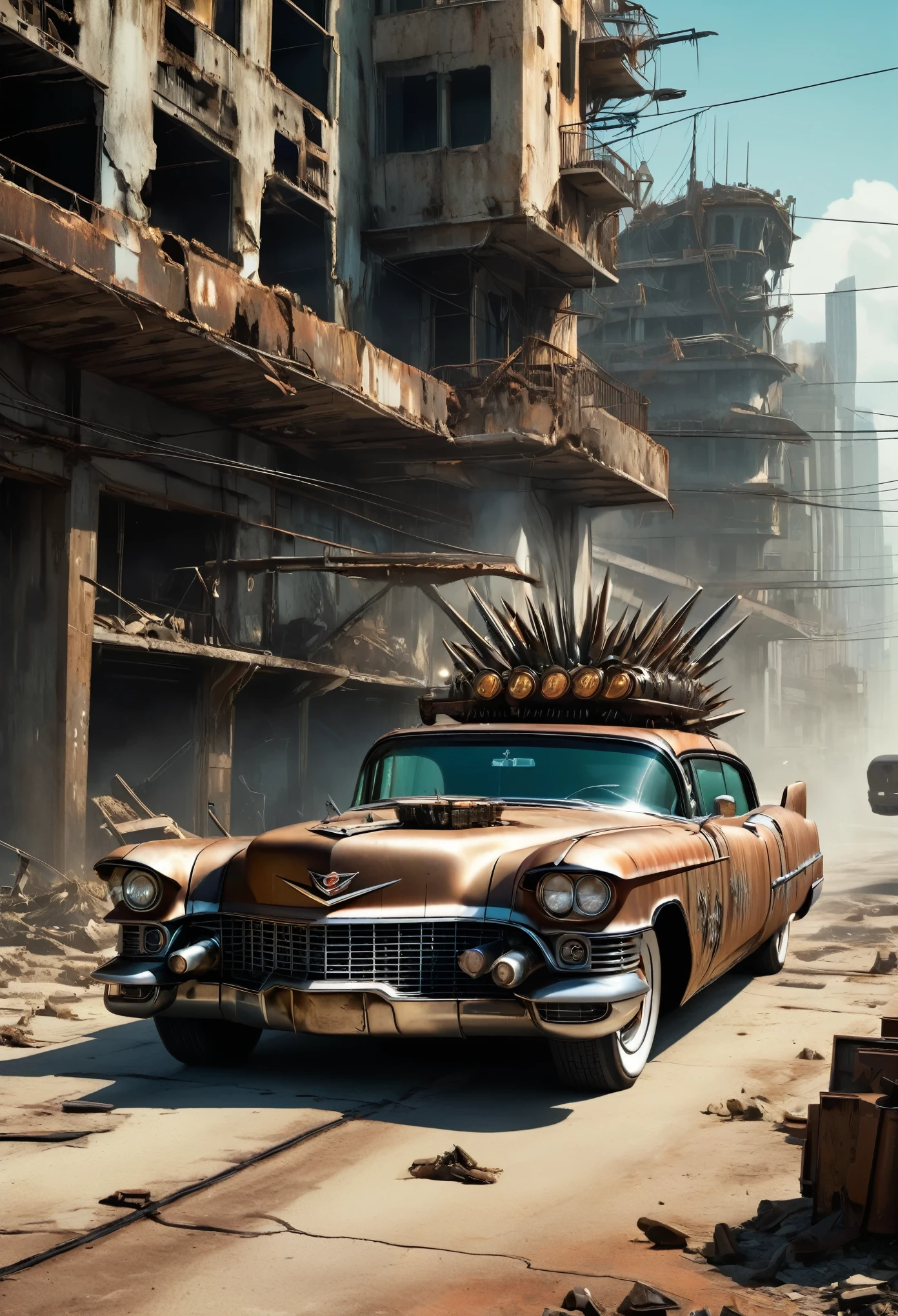 Create a diagonal and accurate image of an 18 year old girl with sunglasses driving inside an old rusty 1955 Cadillac Eldorado with METAL spikes on the hood, War vehicle, WITH MANY SKEWERS AROUND the bodywork. WIDE, THICK WHEELS, front with a spiked metal anti-zombie grille with several rusty spikes; military style with modifications and metal protection, war tank style, the car races on a street suspended over a destroyed white concrete overpass in the center of a post-apocalyptic city with many rounded and dilapidated ultra futuristic buildings around, steampunk car, dramatic art, dieselpunk art style, apocalyptic road warrior vibe, surreal digital art, mad max inspired, heavy metallic artwork, chrome face symmetry, arte steampunk digital, It&#39;s not the Mad Max style, metallic art, is not Filip Hodas; artwork style, steampunk digital art, dieselpunk, in a hightech world, photo on the diagonal