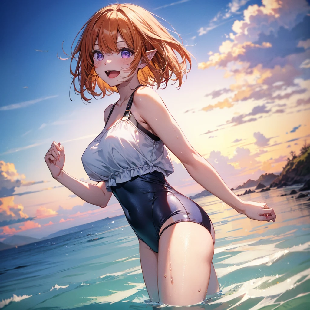 Sunglasses on forehead, Have a swim ring, Beach, Bitch, Elf Ears, Highest quality,Best image quality,Perfect Anatomy,masterpiece,Very detailedな,beautiful,super high quality, Highest quality,High resolution, Very detailed,Game CG,Dutch Angle ,beautiful細部までこだわった目,Visual Arts,Five Fingers, Perfect hands,Hide your hands, {{{One Girl}}}, beautiful詳細な女の子, Game CG, Spring flower, One curl on the outside, Short Bob Hair, Pastel orange hair, Purple eyes,Stylish accessories solo, Breast augmentation, Medium Shot, woman, Take-out, Laughter, Giant thighs ,Denim hot pants, Black Knee High, {{{{{Wearing a pastel green swimsuit}}}}},Open your mouth, wonderful, beautiful細部までこだわった目, Highest quality, Very delicate,Masseter region,Highest quality,(Official Art、Highest quality、unity 8k wallpaper、32K、masterpiece、Very detailedな、超High resolution、Realistic、Realistic:1.2)、(Cinema Lighting:1.2)、The most grainy shadows on the film、Side light、Side Shot、(Very detailedなで複雑な3Dレンダリング)、Atelier Series,