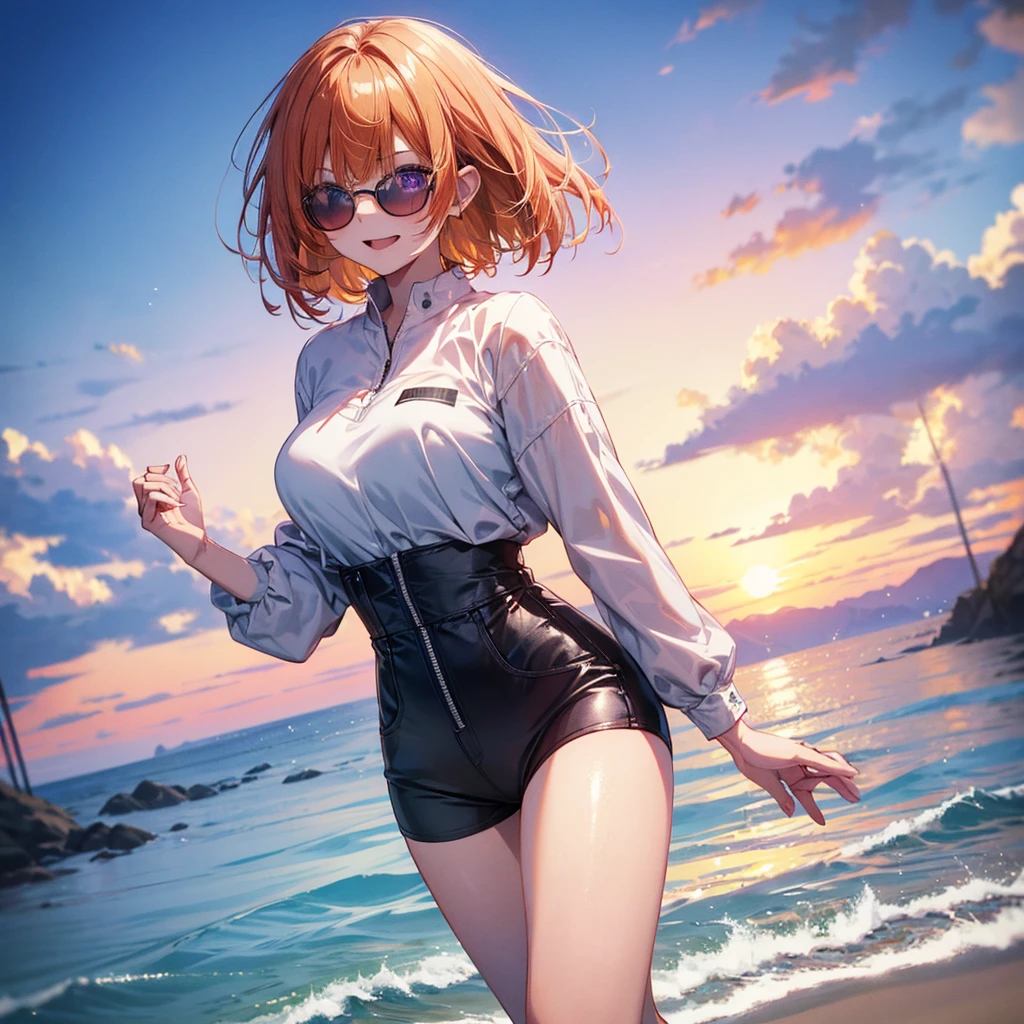 Sunglasses on forehead, Have a swim ring, Beach, Bitch, Elf Ears, Highest quality,Best image quality,Perfect Anatomy,masterpiece,Very detailedな,beautiful,super high quality, Highest quality,High resolution, Very detailed,Game CG,Dutch Angle ,beautiful細部までこだわった目,Visual Arts,Five Fingers, Perfect hands,Hide your hands, {{{One Girl}}}, beautiful詳細な女の子, Game CG, Spring flower, One curl on the outside, Short Bob Hair, Pastel orange hair, Purple eyes,Stylish accessories solo, Breast augmentation, Medium Shot, woman, Take-out, Laughter, Giant thighs ,Denim hot pants, Black Knee High, {{{{{Wearing a pastel green swimsuit}}}}},Open your mouth, wonderful, beautiful細部までこだわった目, Highest quality, Very delicate,Masseter region,Highest quality,(Official Art、Highest quality、unity 8k wallpaper、32K、masterpiece、Very detailedな、超High resolution、Realistic、Realistic:1.2)、(Cinema Lighting:1.2)、The most grainy shadows on the film、Side light、Side Shot、(Very detailedなで複雑な3Dレンダリング)、Atelier Series,