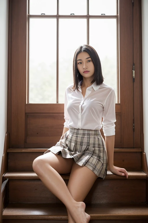 masterpiece, Highest quality, 8k, RAW Photos, 
A beautiful Japanese woman, 17 years old, Cute Face, (Even length haircut:1.2), (One Length), Beautiful shiny black hair, Straight hair, Clear white skin, Pale skin, Realistic Skin, Calm expression, Japanese High , (Long pleated check skirt), ((Showing nipples under a white shirt)), Very good, In the classroom, ((The whole body to the toes)), She is barefoot, Beautiful long legs, Sitting on the stairs, Angle from below, Beautiful plump thighs, White panties are visible, Nipples visible through clothing,
The room is dimly lit, evening, evening, Magic Hour, 