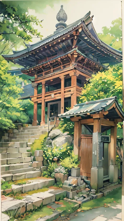 architectural marker paint、80&#39;s、japan、stairs leading to the shrine、lantern、no humans、watercolor