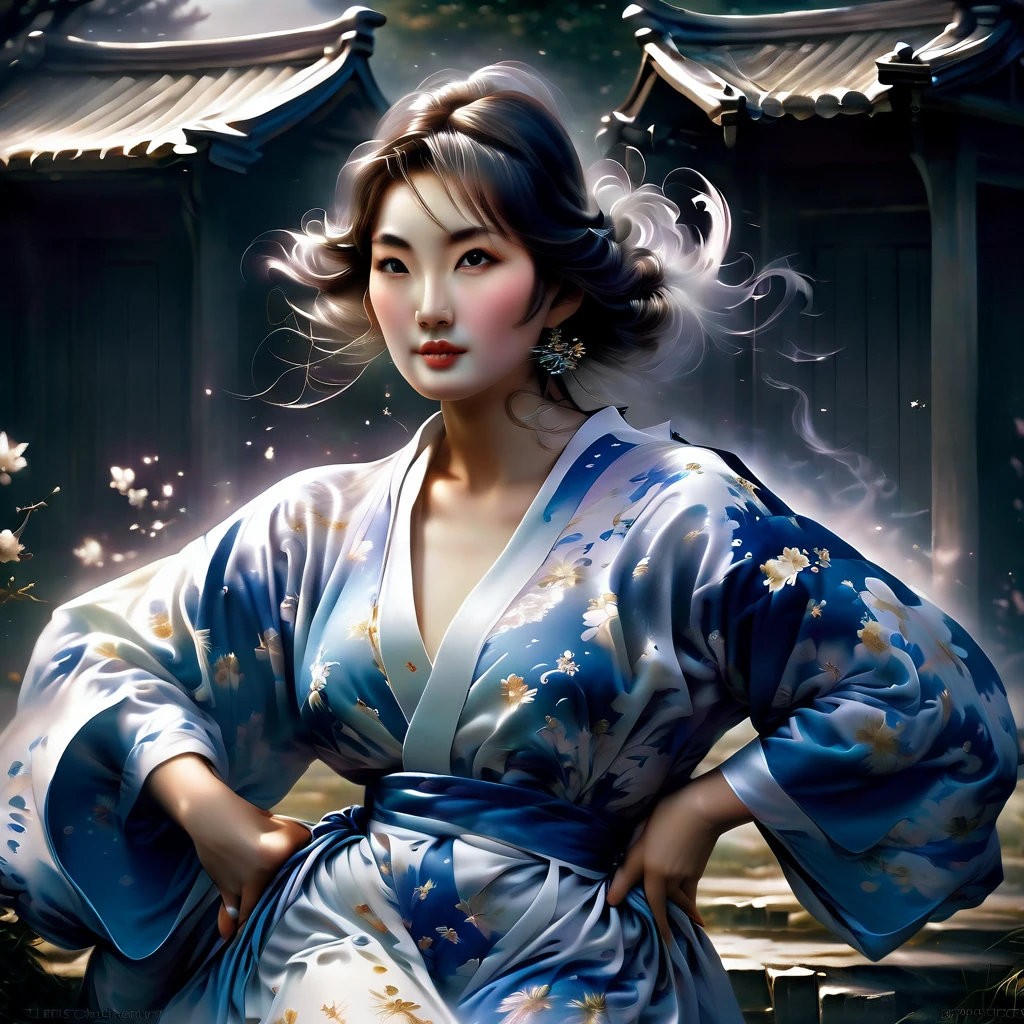 Ghost in the Moonlight，A young beautiful woman in a kimono、Airbrush Style, Beautiful details、The lower half of the body becomes smoky、A maiden standing near an old well、A rundown house