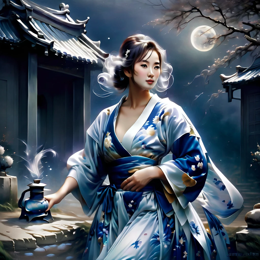 Fantasma en la luz de la luna，Una mujer joven y hermosa con un kimono、Estilo de aerógrafo, Hermosos detalles、La mitad inferior del cuerpo se vuelve humeante、Una doncella parada cerca de un viejo pozo.、una casa en ruinas