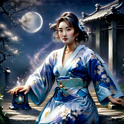 Ghost in the Moonlight，A young beautiful woman in a kimono、Airbrush Style, Beautiful details、The lower half of the body becomes ...