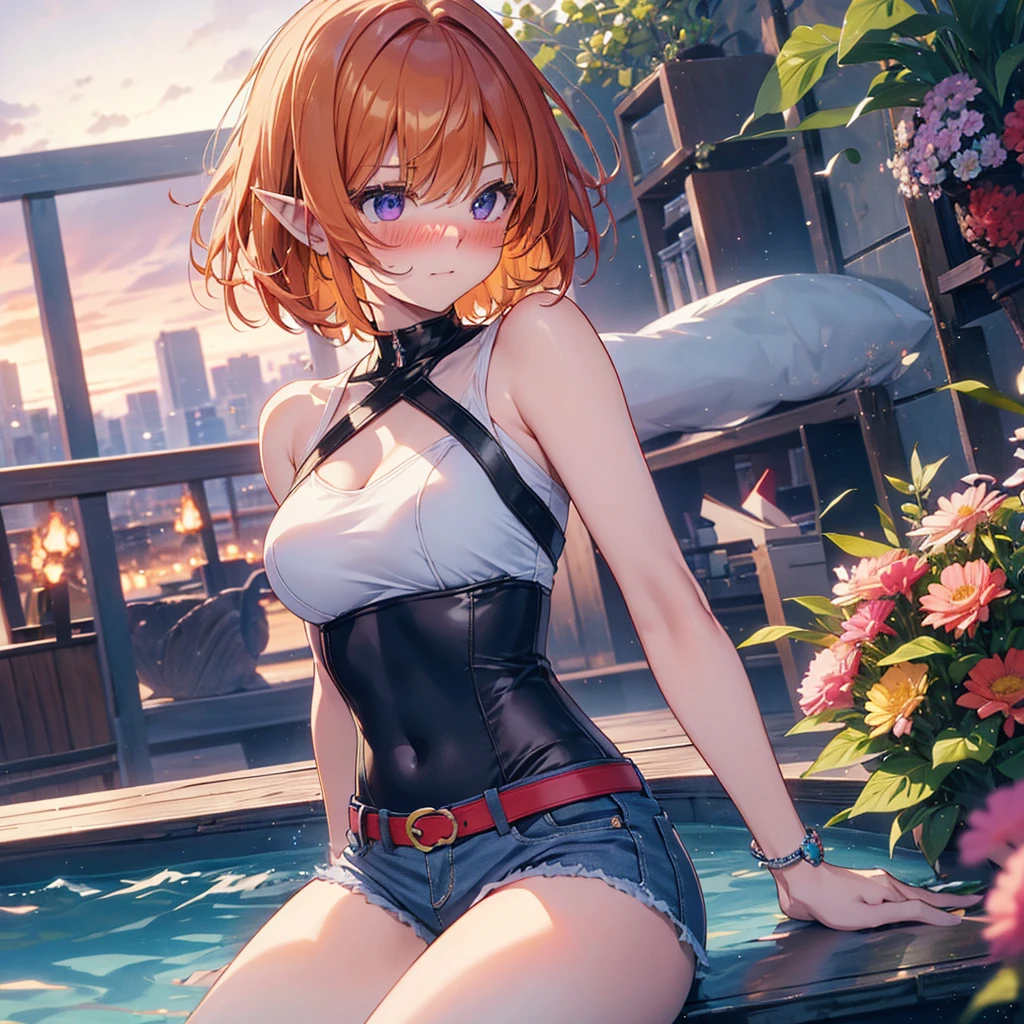 Sunglasses on forehead, Have a swim ring, Beach, Bitch, Elf Ears, Highest quality,Best image quality,Perfect Anatomy,masterpiece,Very detailedな,beautiful,super high quality, Highest quality,High resolution, Very detailed,Game CG,Dutch Angle ,beautiful細部までこだわった目,Visual Arts,Five Fingers, Perfect hands,Hide your hands, {{{One Girl}}}, beautiful詳細な女の子, Game CG, Spring flower, One curl on the outside, Short Bob Hair, Pastel orange hair, Purple eyes,Stylish accessories solo, Breast augmentation, Medium Shot, woman, Take-out, Laughter, Giant thighs ,Denim hot pants, Black Knee High, {{{{{Wearing a pastel green swimsuit}}}}},Open your mouth, wonderful, beautiful細部までこだわった目, Highest quality, Very delicate,Masseter region,Highest quality,(Official Art、Highest quality、unity 8k wallpaper、32K、masterpiece、Very detailedな、超High resolution、Realistic、Realistic:1.2)、(Cinema Lighting:1.2)、The most grainy shadows on the film、Side light、Side Shot、(Very detailedなで複雑な3Dレンダリング)、Atelier Series,