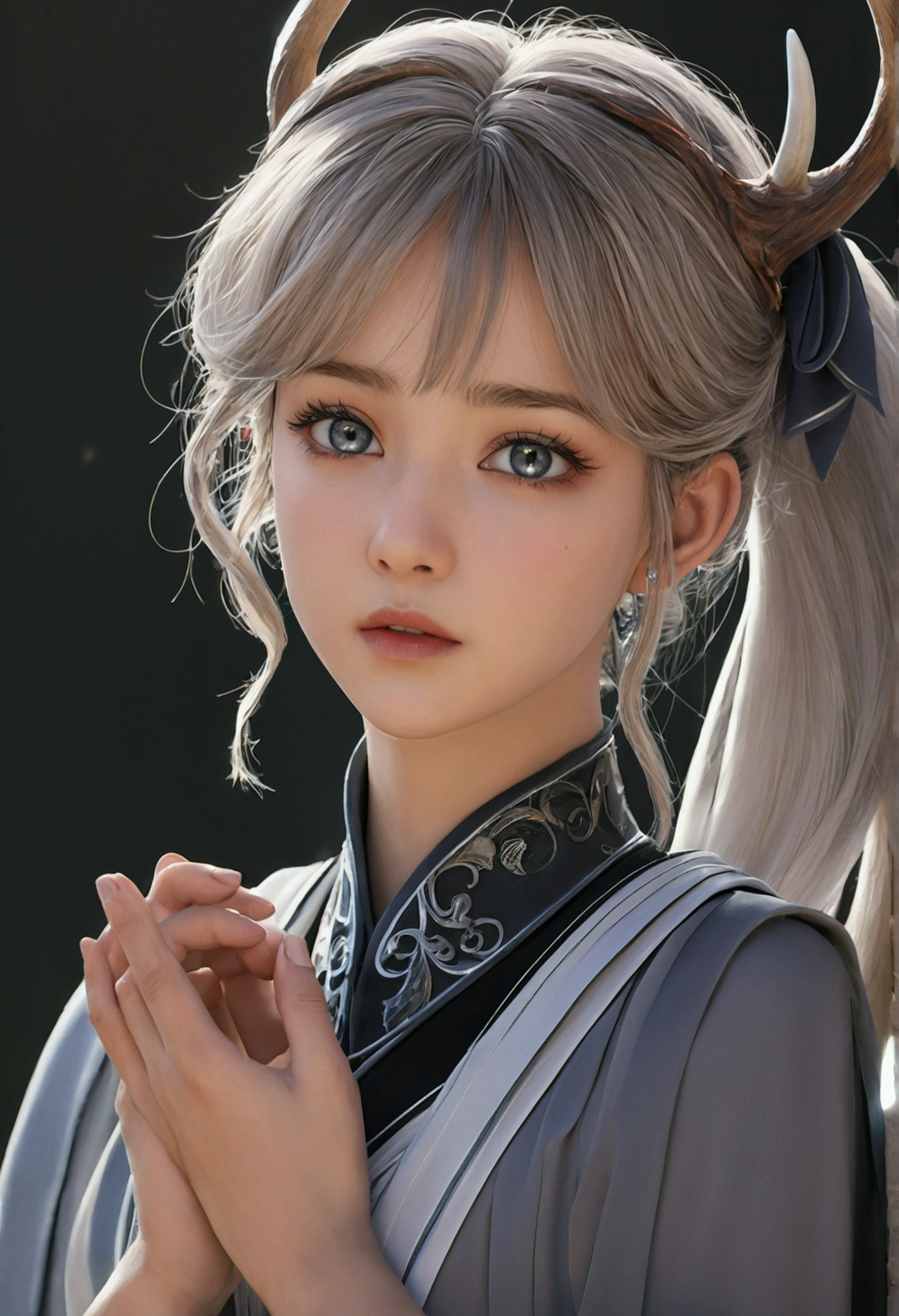 (score_9, score_8_up, score_7_up), masterpiece,
beautiful detailed face, extreme details eyes, absurdres, ultra-detailed, best quality, 1girl, grey eyes, Detailed irises, echo2 dress, solo, blush, closed mouth, softly parted lips, calm, twintails, antler horns, upper body, hair ribbon, eyelashes, 
 hand bracelet, outdoors,holding swirling energy, light waves, subtle highlights,sparkling particles,  magical atmosphere, magical aura, dark background,overcast sky, cold weather, 
 Beautiful 