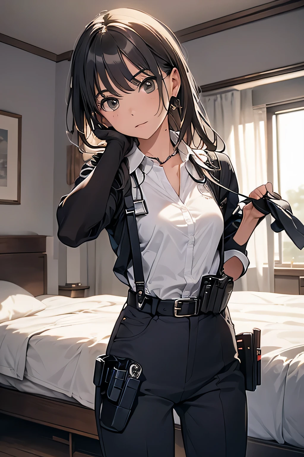 1 female, , high quality, masterpiece, Ultra-high resolution, , Cinema Lighting, , , And the suspenders with the cranes flying　　　Large Breasts　 　 　　　　Small face　 　　　holster　　　　　　　 Lying in bed　Looking up　　　　Sweat 　　　belt　summer　脇Sweat 　Black Hole Gloves　suit　shirt　　Black jacket　 Black trousers　Leg Links　ズボンにbelt　　holster　 　　Hands behind your back　 Anxious expression　Looking up　Anxious face, legs apart　Armament　Handgun　handcuffs　Cable ties　レッグholster　holster　See-through clothing