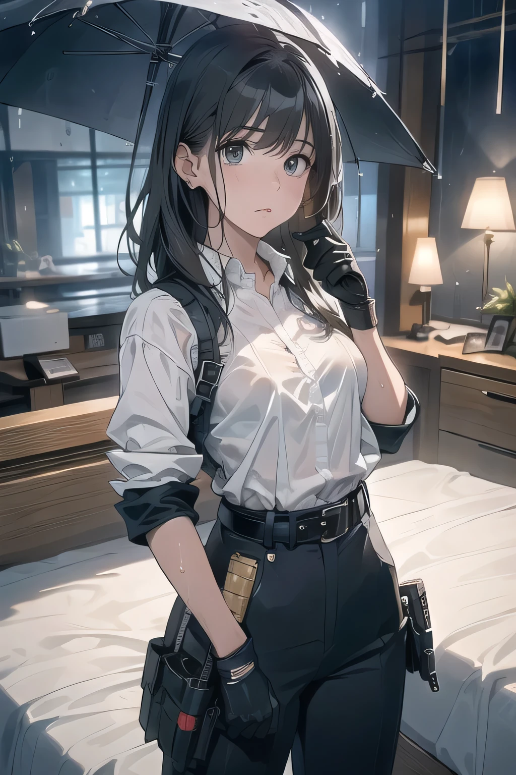 1 female, , high quality, masterpiece, Ultra-high resolution, , Cinema Lighting, , , And the suspenders with the cranes flying　　　Large Breasts　 　 　　　　Small face　 　　　holster　　　　　　　 Lying in bed　Looking up　　　　Sweat 　　　belt　summer　脇Sweat 　Black Hole Gloves　suit　shirt　　Black jacket　 Black trousers　Leg Links　ズボンにbelt　　holster　 　　Hands behind your back　 Anxious expression　Looking up　Anxious face, legs apart　Armament　Handgun　handcuffs　Cable ties　レッグholster　holster　See-through clothing　heavy rain　Getting wet in the rain