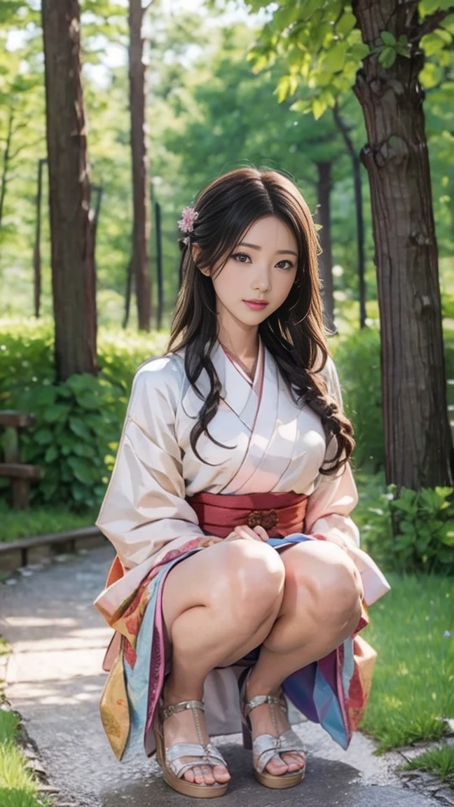 There is a woman kneeling on the forest path, portrait of a Japanese teen, of a youthful Japanese girl, young asian girl, wearing Japanese , Japanese girl , beautiful girl, Sit on the ground, portrait of a Japanese girl, Sitting in the forest, Japanese , Strike a Pose, Young Asian Woman