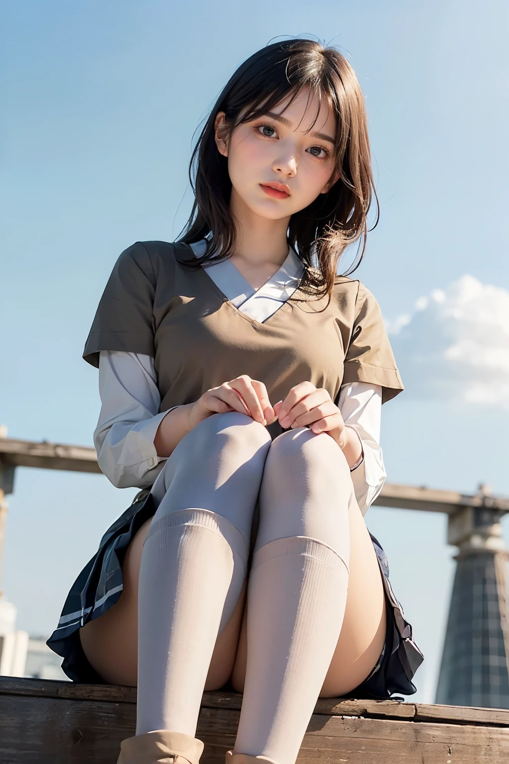 Masterpiece, bokeh, (Beautiful face), (Detailed face), (Perfect hands), (Japanese idle:1.6), (school uniform:1.3), (Sitting top of tower:1.3),( Large Bridge construction site:1.3), (Blushed face:1.3), working boots, (From below:1.5), 